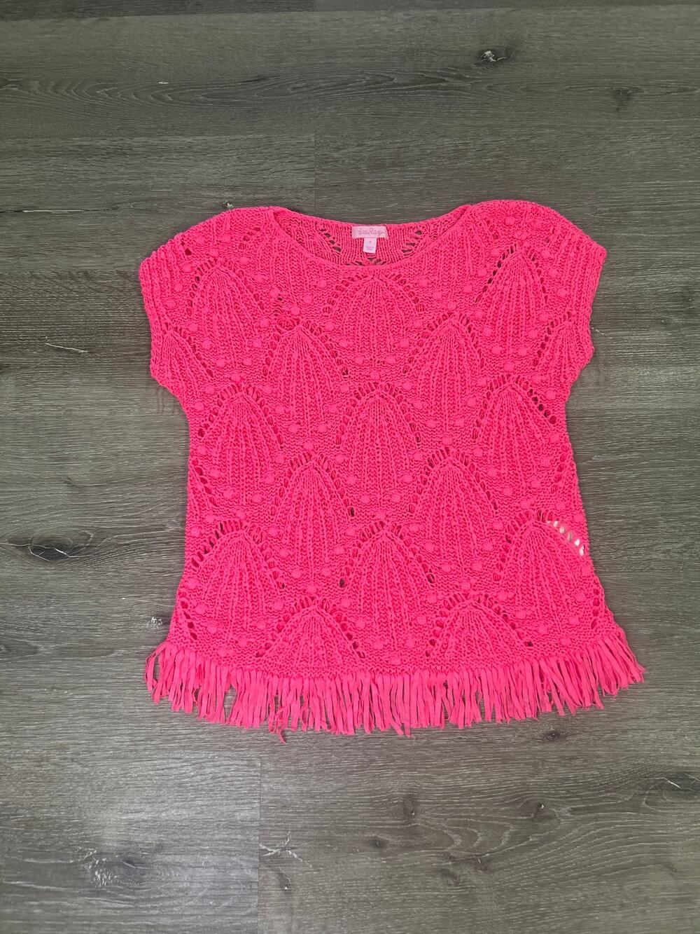 Lilly Pulitzer Cassis Crochet Top Sweater Pink Colony Coral Shell Fringe EUC S